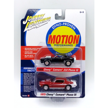Baldwin Motion 2-pack: 1969 Chevrolet Camaro ZLX Phase III & 1973 Chevrolet Camaro Phase III - skala 1:64 - Johnny Lightning